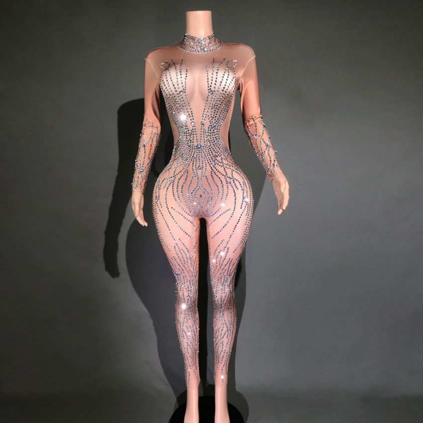 Women's Sexy Rhinestones Striped Tight Jumpsuit