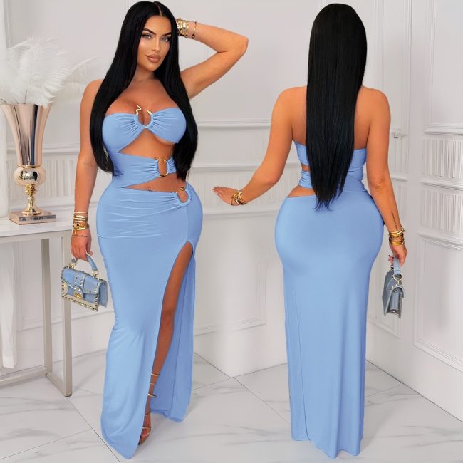 Women's Solid Color Hollow-out Eyelet Stitching High Slit Hip Dress