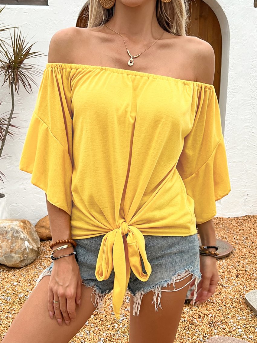 Summer Fall Women's Clothing Solid Color Off-shoulder Casual T-shirt Top