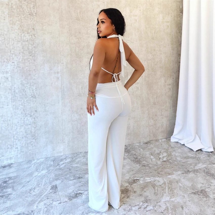 Women's Pure Color Halter Swing Collar Bare Back Rope Pure Color Mesh Two-piece Set
