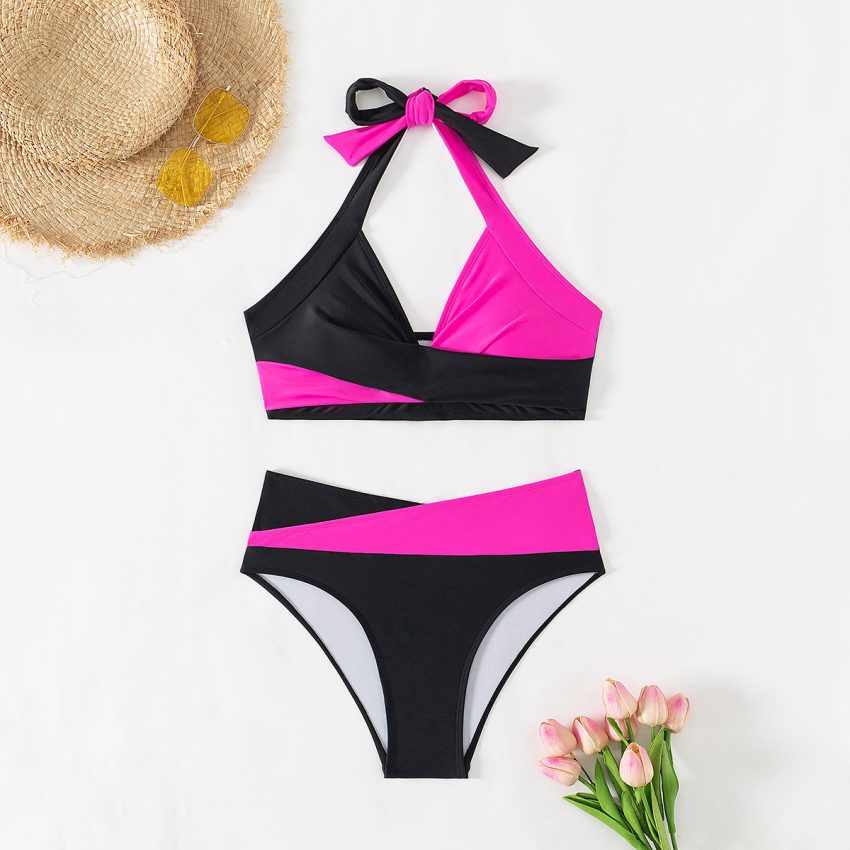 Halter Color Matching High Waist Bikini Split Swimsuit