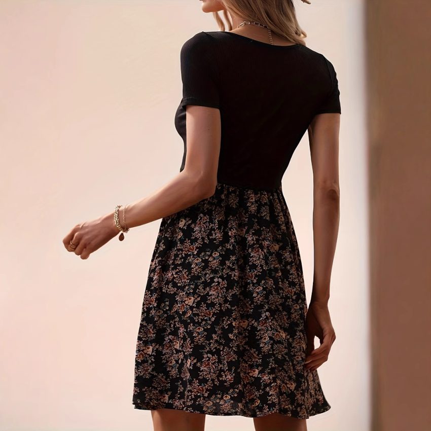 European And American Spring And Summer Floral Print Low Collar Leisure Vacation High Waist Big Swing Dress