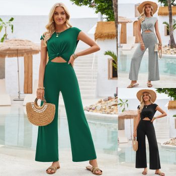 Casual Women's Jumpsuit Summer Round Neck Short Sleeves Knitted