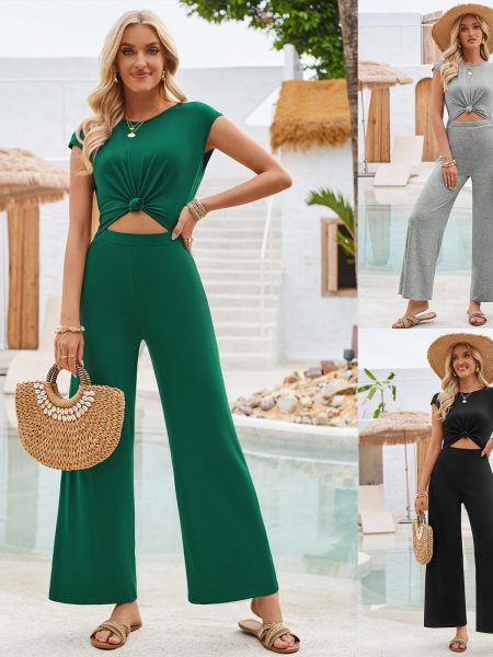 Casual Women's Jumpsuit Summer Round Neck Short Sleeves Knitted