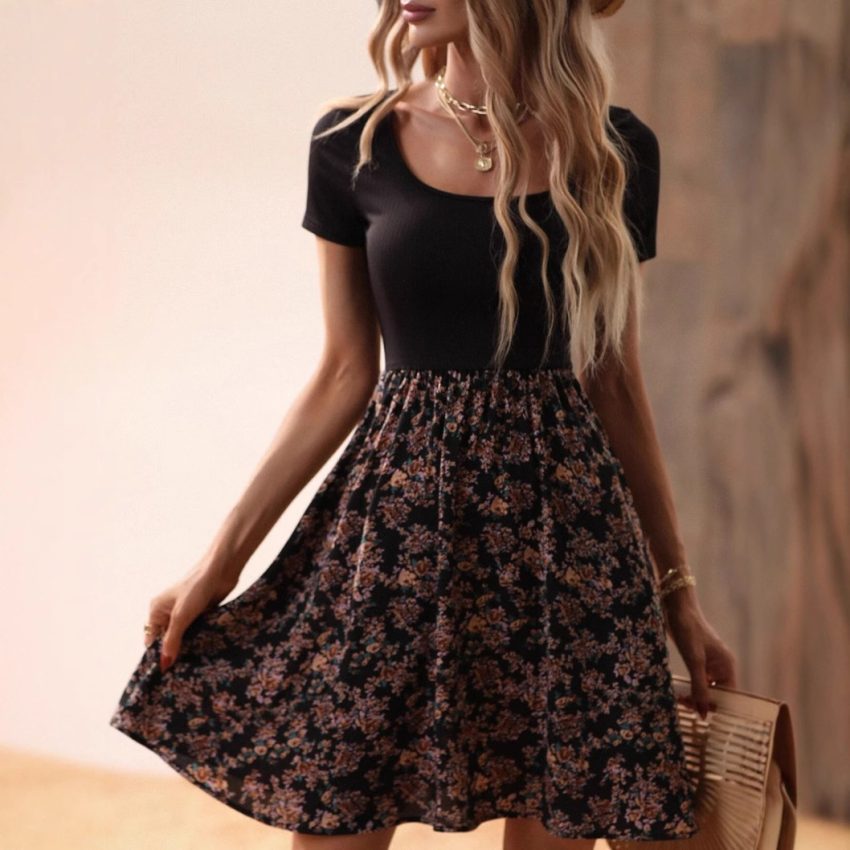 European And American Spring And Summer Floral Print Low Collar Leisure Vacation High Waist Big Swing Dress