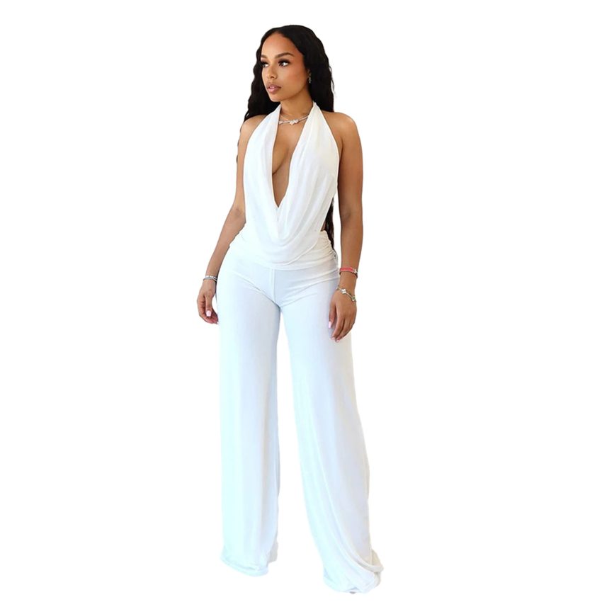 Women's Pure Color Halter Swing Collar Bare Back Rope Pure Color Mesh Two-piece Set