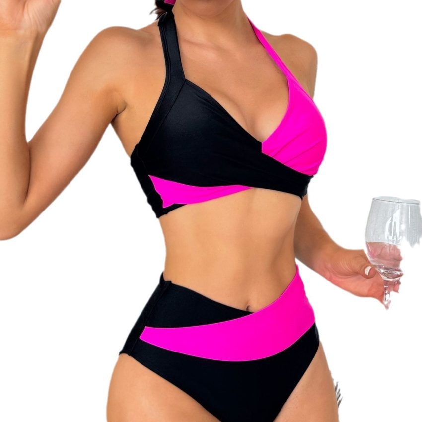 Halter Color Matching High Waist Bikini Split Swimsuit