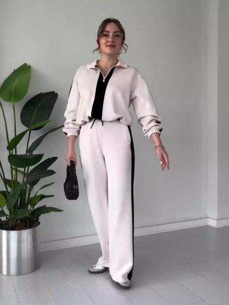 Women's Contrast Color Idle Style Casual Sweater Two-piece Set