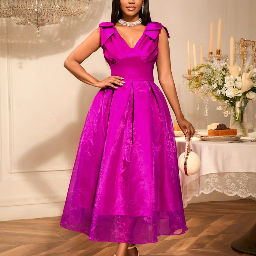 European And American Sexy V-neck Bow Sleeveless Dress