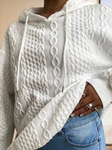 Women's Solid Color Ribbed Design Long Sleeve Hoodie - Loose Fit Drawstring Pullover For Fall & Winter Casual Wear