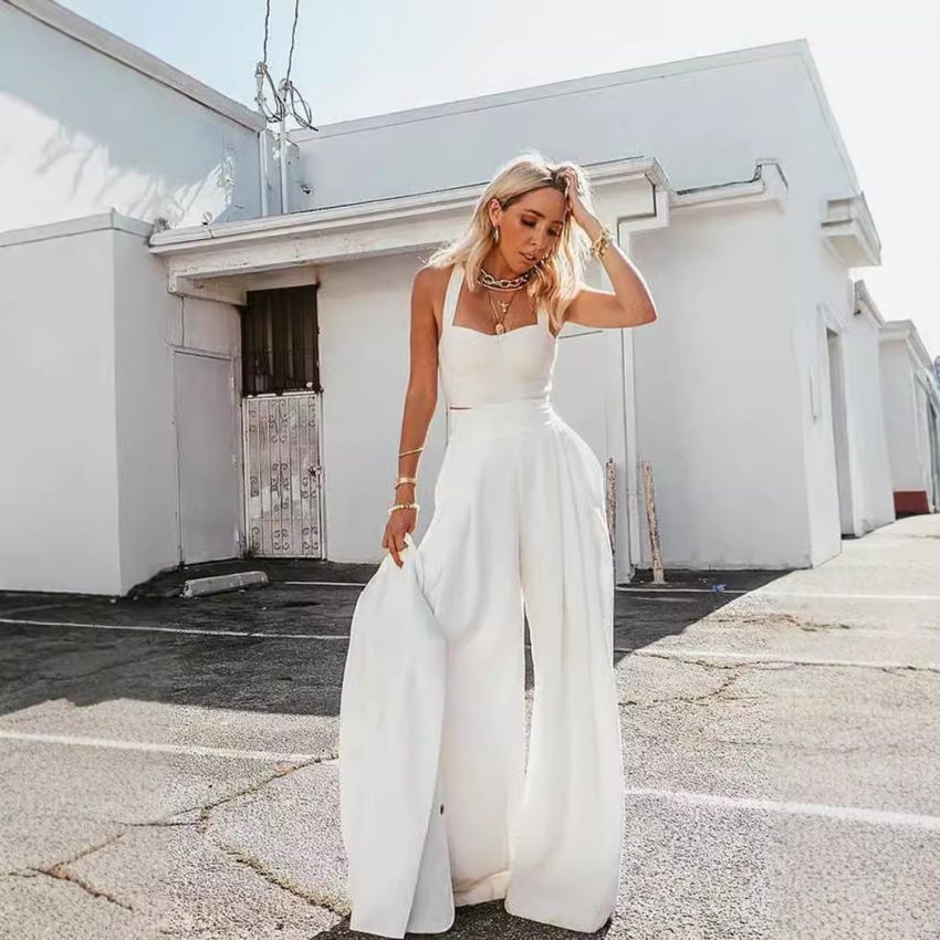 Sexy Spaghetti Straps Chest Wrap Vest Casual Loose Trousers Two-piece Set