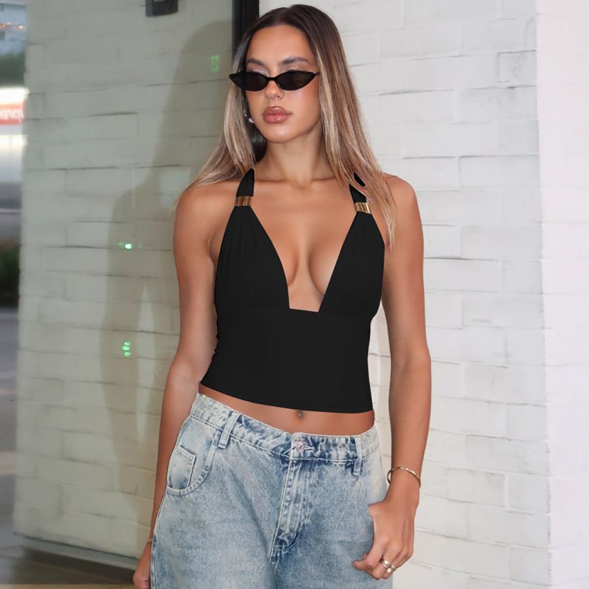 Deep V Metal Decorative Halter Backless Slim Fit Tied Tube Top