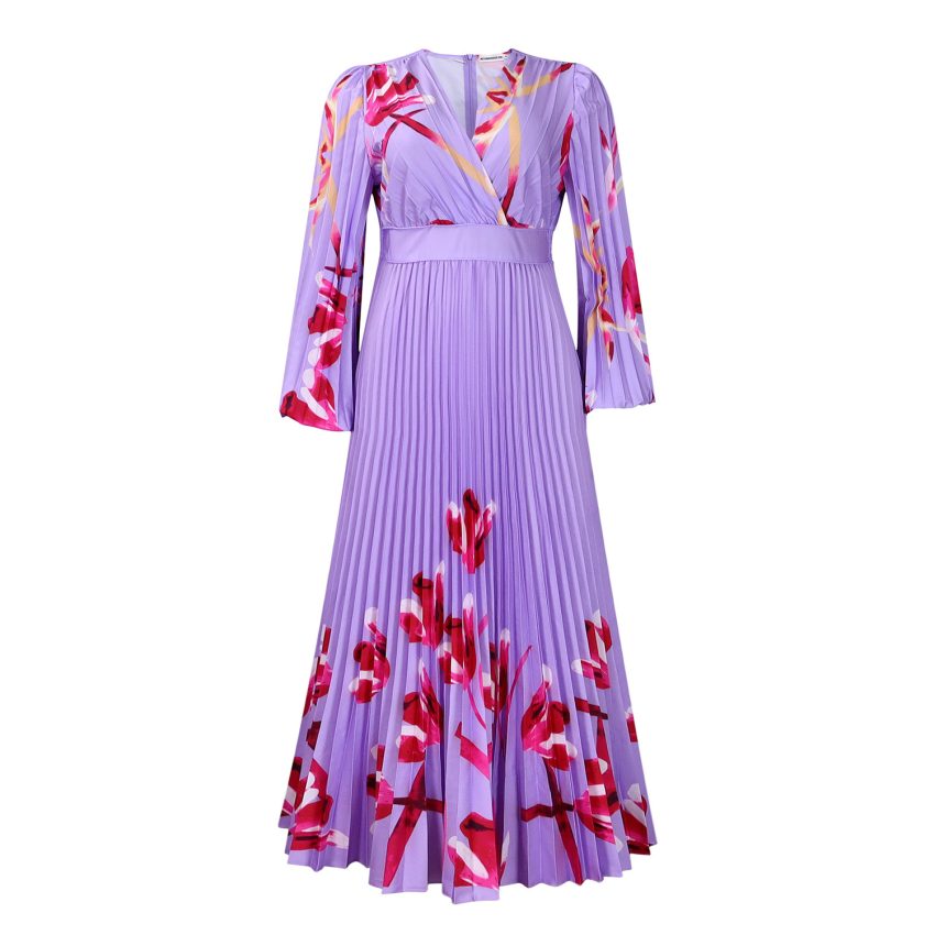 V-neck Slimming Long Sleeves Printed Pleated Dress