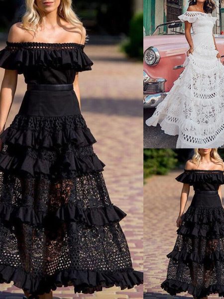 Women's Off-shoulder Ruffled Hollow Wide Hem Lace Dress