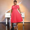 Women's Watermelon Red Short-sleeved Lace Mid-length Summer Pleated Dress