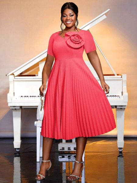 Women's Watermelon Red Short-sleeved Lace Mid-length Summer Pleated Dress