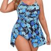 Beautife Womens Plus Size One Piece Swimsuits Tummy Control Swim Dress Floral Print Twist Slit Bathing Suits Swimdress