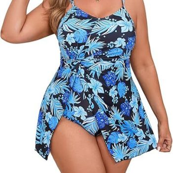 Beautife Womens Plus Size One Piece Swimsuits Tummy Control Swim Dress Floral Print Twist Slit Bathing Suits Swimdress