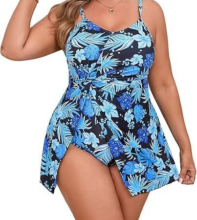 Beautife Womens Plus Size One Piece Swimsuits Tummy Control Swim Dress Floral Print Twist Slit Bathing Suits Swimdress