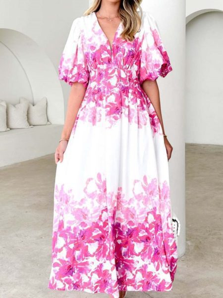 Spaghetti-strap Floral Print Fairy Mid-length Elegant Big Hem Dress