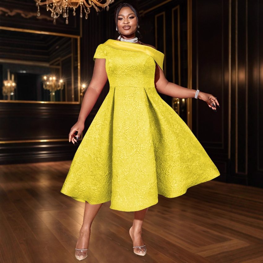 Jacquard Party Banquet Diagonal Collar Large Skirt A- Line Dress