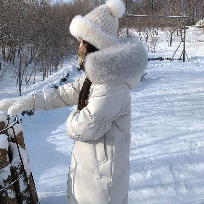 White Duck Down Jacket Women's Mid-length Big Fur Collar Loose Thick