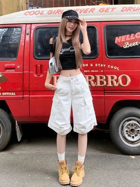 White Unifrom Five Points Wide-leg Denim Shorts