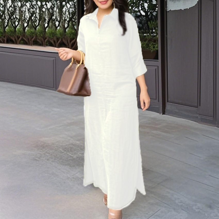 Solid Color Lapel Long Sleeve Simple Dress Women