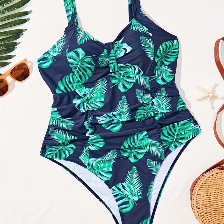 Women's Oversized One-piece Tropical Print Chest Pleated One-piece Swimsuit Holiday Style