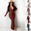 Lapel Backless Long Sleeves Slit Midi Skirt