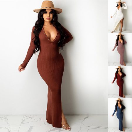 Lapel Backless Long Sleeves Slit Midi Skirt