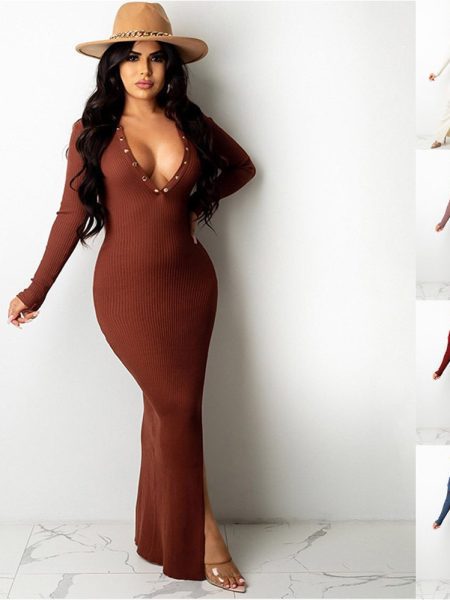 Lapel Backless Long Sleeves Slit Midi Skirt