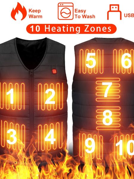 1Pc Heat Jacket Vest 3 Heating Gear Adjustable USB Heated Vest Warm Heat Coat Vest With 10 Heating Pads For Men Women Winter Outdoor Activity