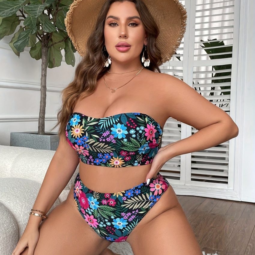 Plus Size Printed Split Tube Top Bikini Swimsuit