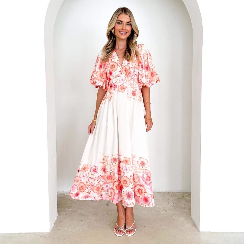 Spaghetti-strap Floral Print Fairy Mid-length Elegant Big Hem Dress