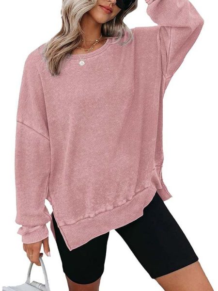 Womens Waffle Knit Crewneck Sweatshirts Long Sleeve Side Slits Casual Pullover Sweatshirt Tops