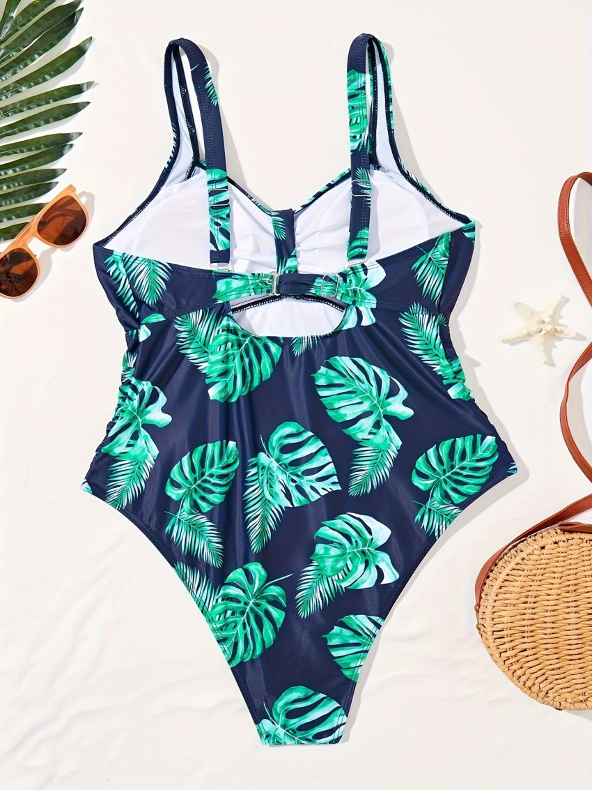 Women's Oversized One-piece Tropical Print Chest Pleated One-piece Swimsuit Holiday Style
