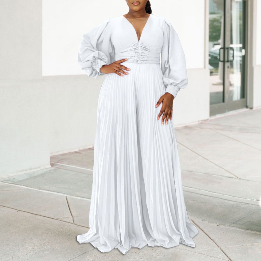 Women's Wide-leg Pleated African Jumpsuit Slightly Elastic