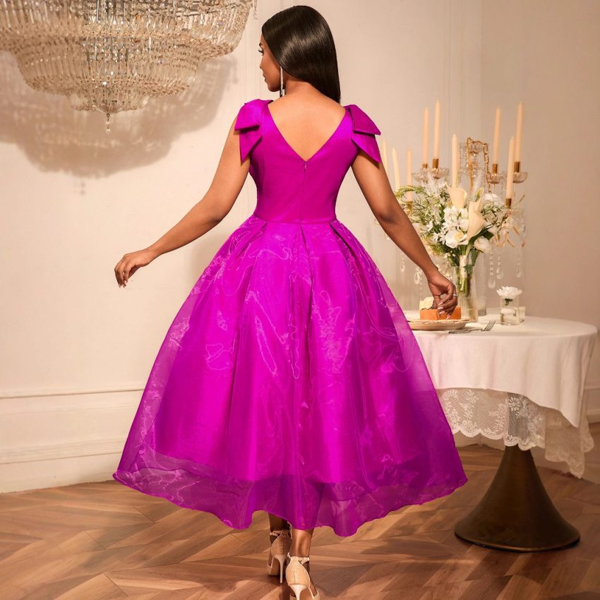 European And American Sexy V-neck Bow Sleeveless Dress