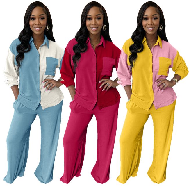New Color Contrast Patchwork Pocket Casual Shirt Suit Two-piece Set