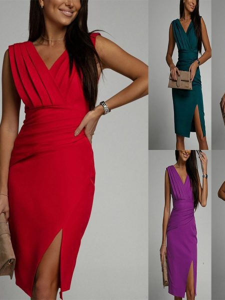 Summer Long Dress New V-neck Sleeveless Slit High Waisted Evening Gown Women's Wear