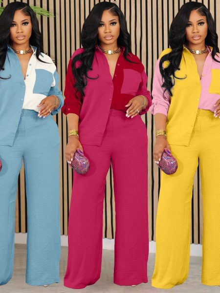 New Color Contrast Patchwork Pocket Casual Shirt Suit Two-piece Set