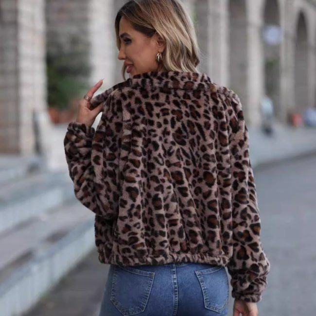 Women's Autumn And Winter Loose Long-sleeve Zipper Leopard Print Plush Coat