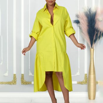 Long Sleeve Irregular Midi Dress Solid Color Plus Size