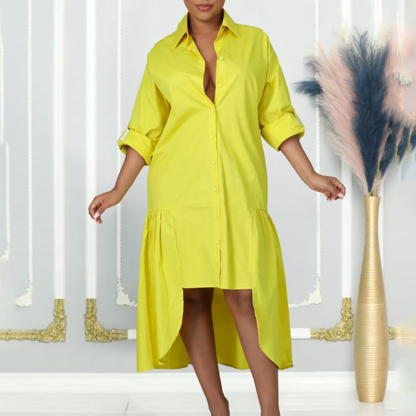 Long Sleeve Irregular Midi Dress Solid Color Plus Size