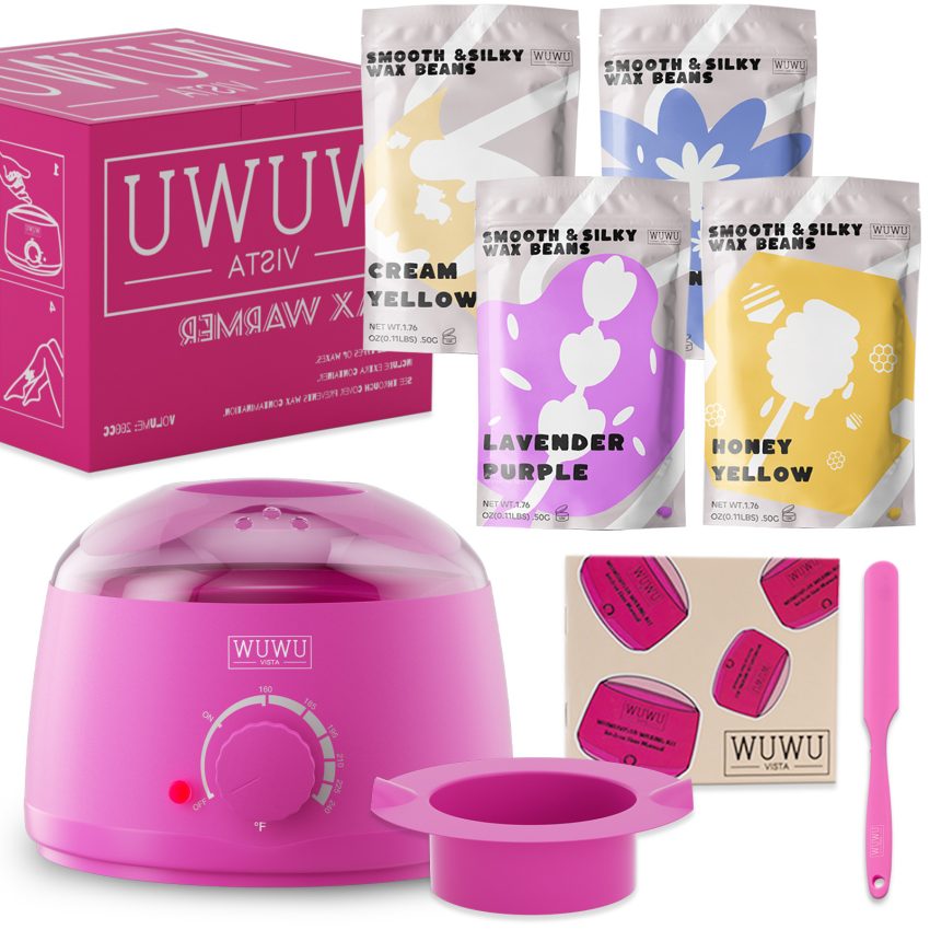 WUWUVISTA 8Pc Waxing Kit, Hair Removal Kit With Warmer, Wax Beans & Silicone Accessories For Full Body And Sensitive Skin, US EU UK Plug