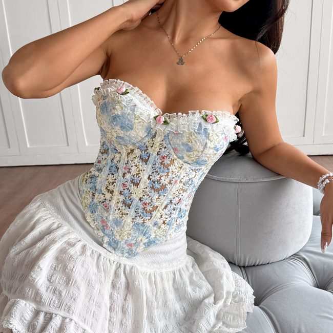 Flower Embroidery Lace Semi-transparent Rope Backless Tube Top