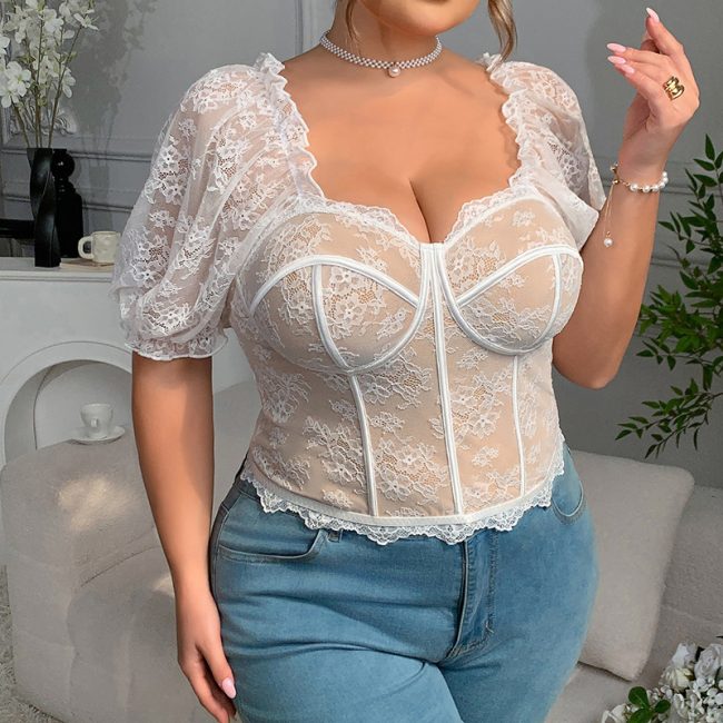 Sexy Hot Girl Lace See-through Puff Sleeve Lace New Fishbone Top