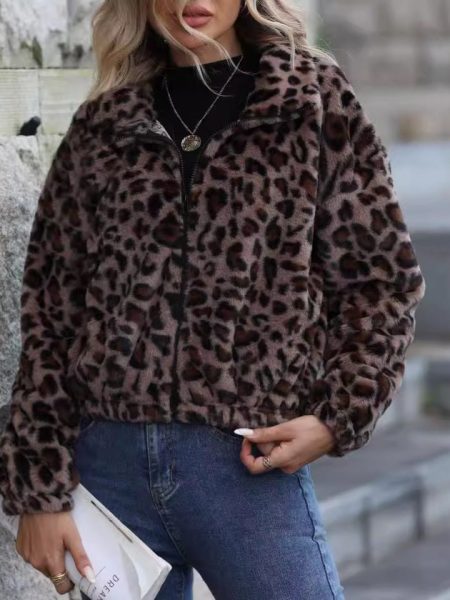 Women's Autumn And Winter Loose Long-sleeve Zipper Leopard Print Plush Coat