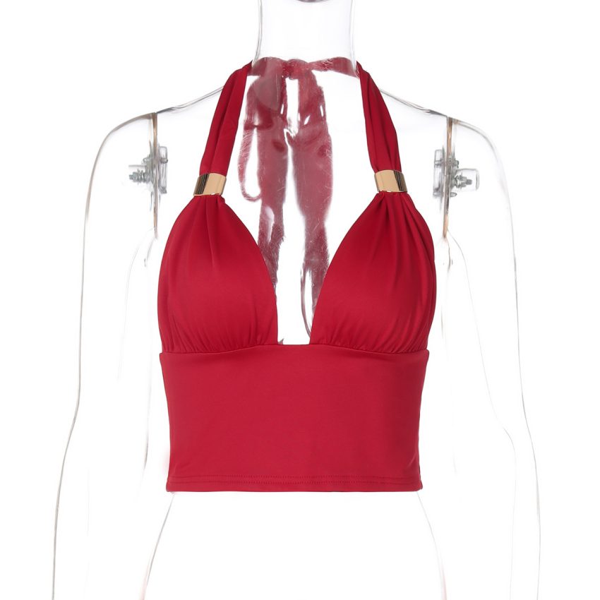 Deep V Metal Decorative Halter Backless Slim Fit Tied Tube Top